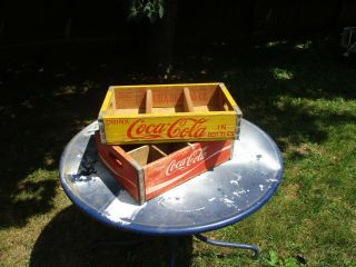 2 Vintage Pop Coca Cola Coke Wood Case Carrying Crate Soda Bottle,  Red,  Yellow