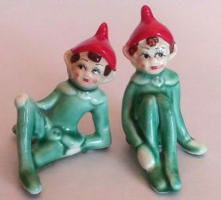 2 Vtg Pixie Elf Figures Porcelain/ceramic Japan/napco? Sprite Set Green Red Hat