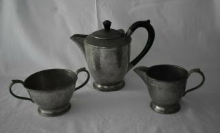 Pewter Tea Pot & Sugar Bowl & Milk Jug Hand Beaten By Hall Bros Of Sheffield