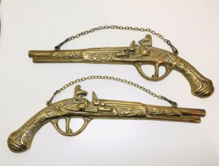 Ornamental Brass Chain Wall Hanging Flintlock Half Pistols Vintage Guns