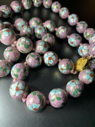 Vintage Chinese Cloisonne Necklace Enamel Long 30 " Pink Green Bead 14mm Round