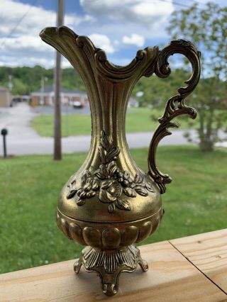 Vintage Brass Floral Pitcher Vase Made In Italy Ornate 7 Inch Tall Unpolished