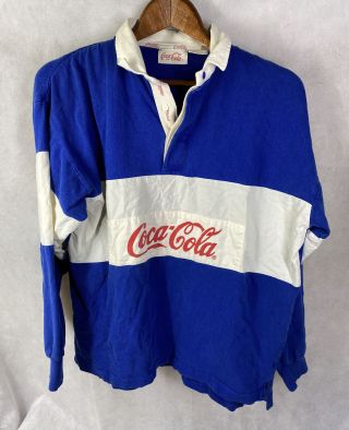 Vintage Coca - Cola Rugby Long Sleeve Shirt Blue & White Polo Men’s Large Coke