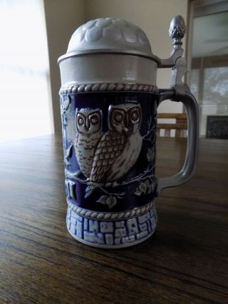 Hand Painted Owl Vintage Goebel Lidded German Beer Stein / Germany