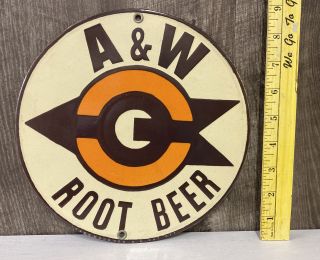 A&w Root Beer Porcelain Metal Sign Beverage Diner Soda Pop Bottle Can Has Oil