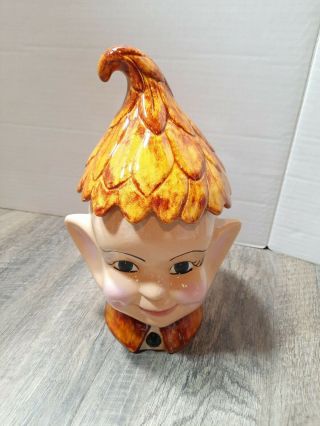 Vintage Face Pixie Elf Dimples Head Glazed Ceramic Cookie Jar 1968