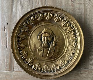Vintage Lombard England Round Brass Wall Hanging Metal Plate Fisherman Pipe 12 "