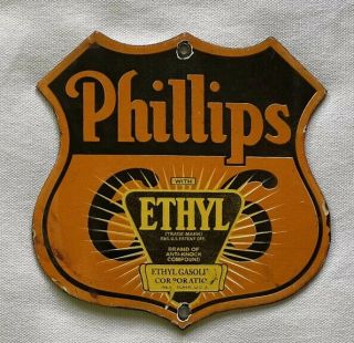Vintage Phillips Ethyl 66 Shield Porcelain Sign Car Gas Oil Truck Gasoline