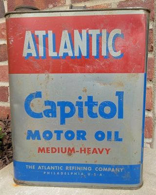Vtg Advertising Atlantic Capitol Motor Oil 2 Gallon Tin Gas Can Philadelphia Pa