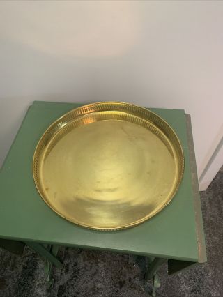 Vintage Solid Brass Serving Tray Mid Century Pierced Sides 14” Round