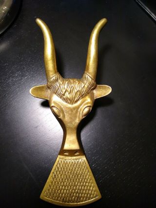 Vintage Solid Brass Boot Jack Horn Bull Head Design Wall Decor 9.  5in Tall X 3in