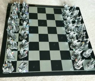 Rare Gorham,  King Arthur Complete Chess Set W/ Swarovski Crystals & Glass Board