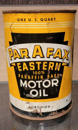 1951 Par A Fax Eastern 100 Paraffine Base One Quart Motor Oil Tin Can