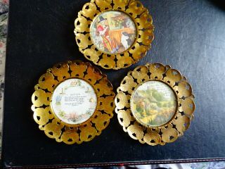 3 Vintage Brass Wall Plates With Butterfly Surround And Picture