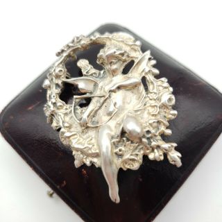 Vintage Sterling Silver 925 3d Figural Cherub Cupid Angel Wreath Brooch Pin