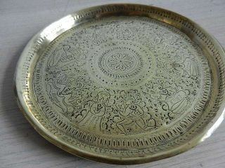 Vintage Engraved Ethnic Decorative Heavy Brass Circular Tray Serving Dish Plate