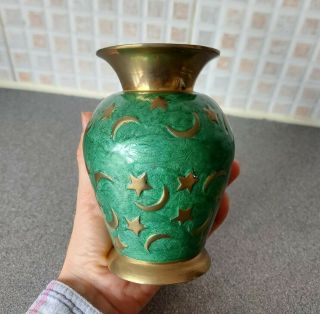 Brass Enamel 5 " Vase Green Moon And Stars Boho