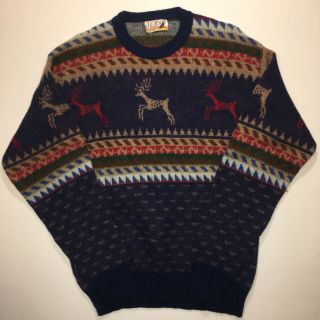 Vtg 60s 70s Pendleton Wool Tribal Aztec Deer Striped Holiday Knit Sweater M Lobo