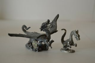 Vintage Pewter Dragons Set Of 2 Crystal Myth Legend Statue Metal Ballena Bay