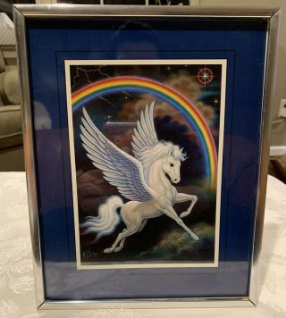 Vintage K Chin Beyond The Rainbow Pegasus Winged Picture Print Framed 8.  5x10.  5”