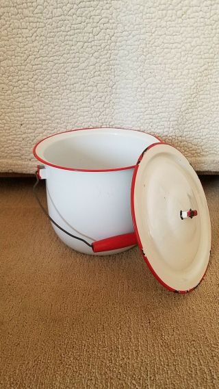 Vintage Enamel Chamber Pot White & Red Trim W/ Lid & Wooden Handle