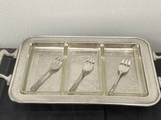 Vintage 1970’s Raimond Italy Silverplate Relish Tray - 3 Glass Inserts & Forks
