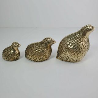 Set Of 3 Vintage Brass Quail Partridge Bird Figurines Paperweight Statues India