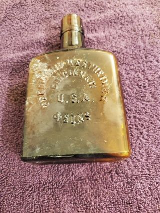 Rare Ferdinand Westheimer Sons Amber Prohibition Whiskey Pint Flask 5 3/4 "