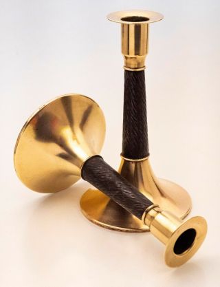A Charming Vintage Polished Brass And Steel Bi - Metal Candle Sticks.