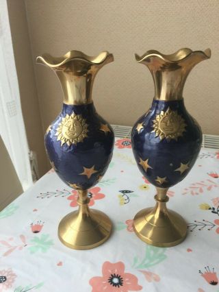 Brass Sun Face And Stars Vase Vases With Blue Enamel Sky 20cm High