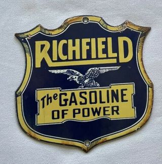 Vintage Richfield Shield Porcelain Sign Car Gas Oil Truck Gasoline Automobile