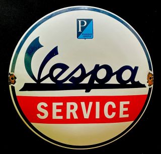 Vintage Domed Vespa Service 12” Porcelain Sign Car Gas Oil