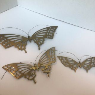 Vintage Solid Brass Hanging Butterfly Home Decor Wall Art Set Of 3 - 15” 8” 7”