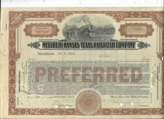 1926 Missouri Kansas Texas Rr Stock Certificate Brown