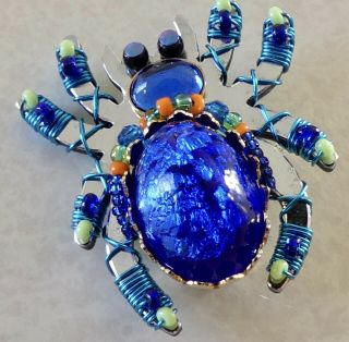 Liztech Rare Vintage Signed Spider Brooch Pin Brilliant Blue Artisan Tag