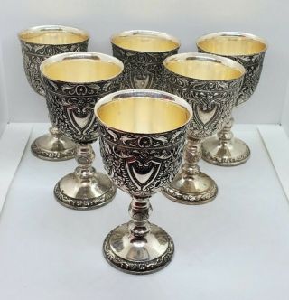 Set Of 6 Vintage Raimond Silverplate Ornately Engraved Shot Glasses Goblets