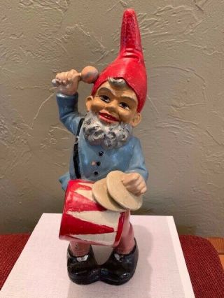 Vintage 1950’s - 13 " Garden Gnome With Drum & Cymbals – Hand Painted Ceramic
