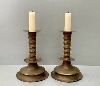17th C.  Style Dutch Sheet Metal Brass Capstan Twist Form Candlesticks