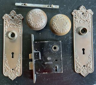 Vintage Antique Brass 1890s Door Knob Set Plates Lock Screws