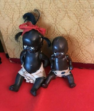 2 Sweet Antique Mini Black African American Bisque Jointed Baby Dolls Japan