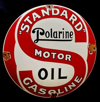 Vintage Domed Standard Polarine 12” Porcelain Sign Car Gas Motor Oil