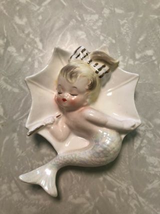 Vintage Enesco Mermaid With Umbrella Mid Century Modern Ceramic Wall Art Plaque
