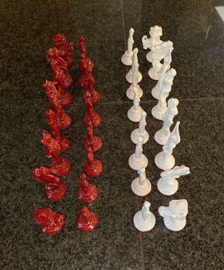 Vintage Red White Asian Chess Set Horse Elephant Ceramic Vtg Rare Unique
