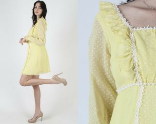Vintage 70s Yellow Swiss Dot Dress Ivory Crochet Floral Lace Garden Wedding Mini