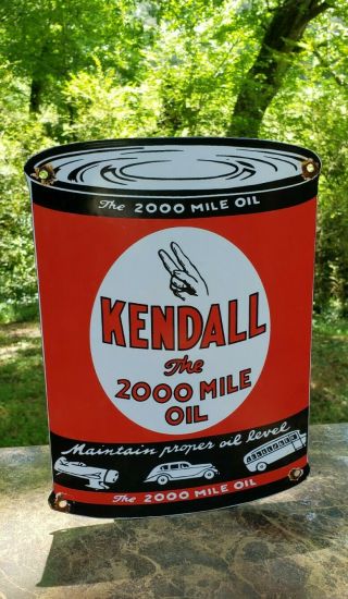 Kendall Porcelain Metal Sign 2000 Mile Motor Oil Can Man Cave Gasoline Garage