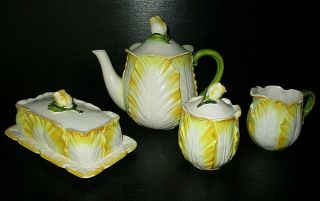 Vintage Lefton Hand Painted Tea Set With Butter Dish,  Yellow