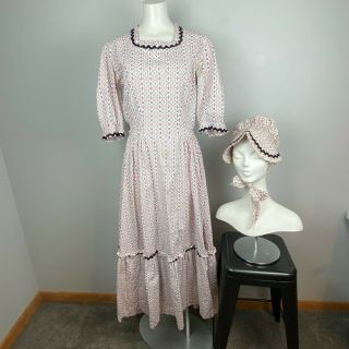 Vtg Hand Made Prairie Dress & Bonnet White Pink Cotton Floral Print Adult Medium