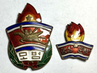 2x Soviet N Korea Dprk Chollima Kcu Young Pioneer Corps Badge Medal Pin