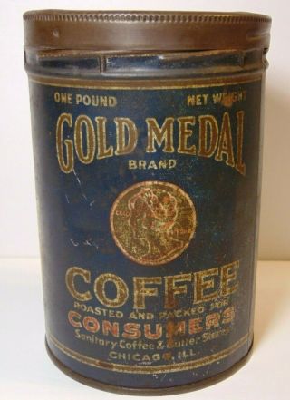 Old Vintage 1920s Gold Medal Graphic Coffee Tin Tall 1 Pound Can Chicago Il Usa