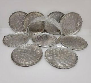Vintage 9 Piece Continental Silver Co.  Wild Rose Set Of 8 Coasters W/ Holder